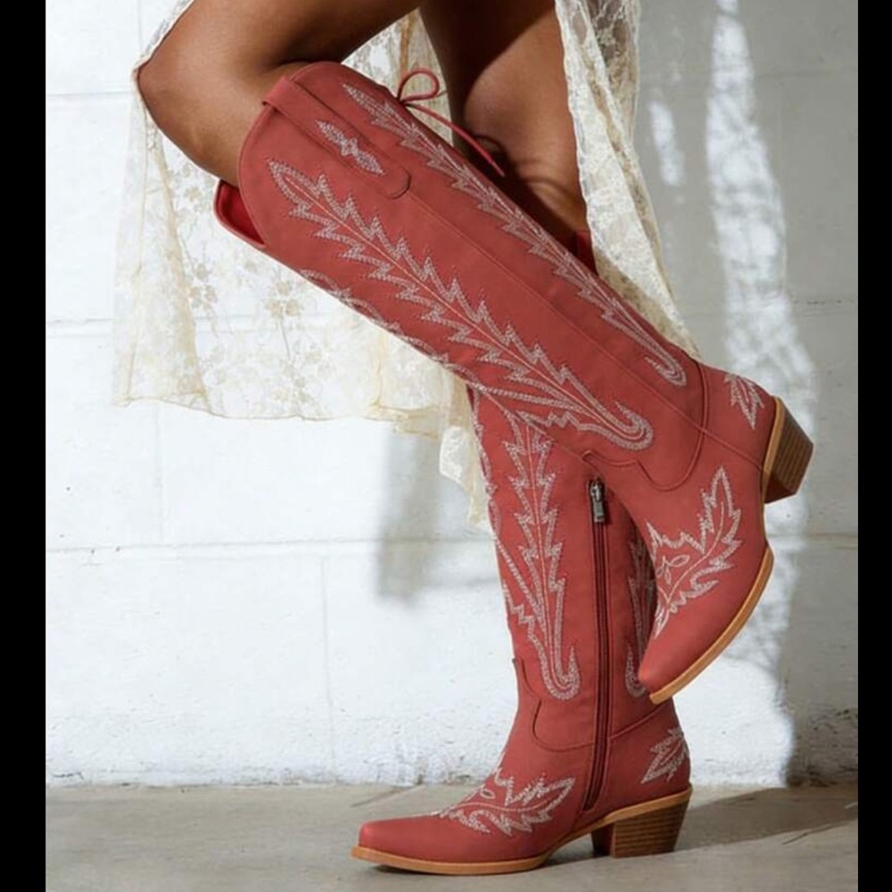 Red Embroidered Western Knee-High Boots - Women - Picture 2 of 2